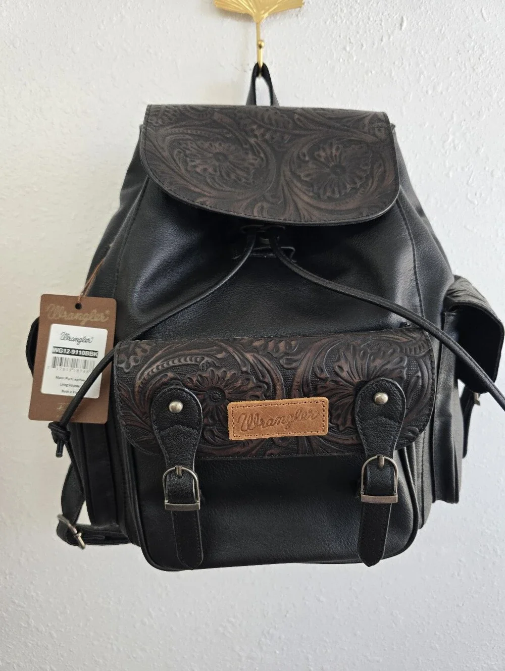 Wrangler Vintage Floral Tooled Backpack Black NWT Western